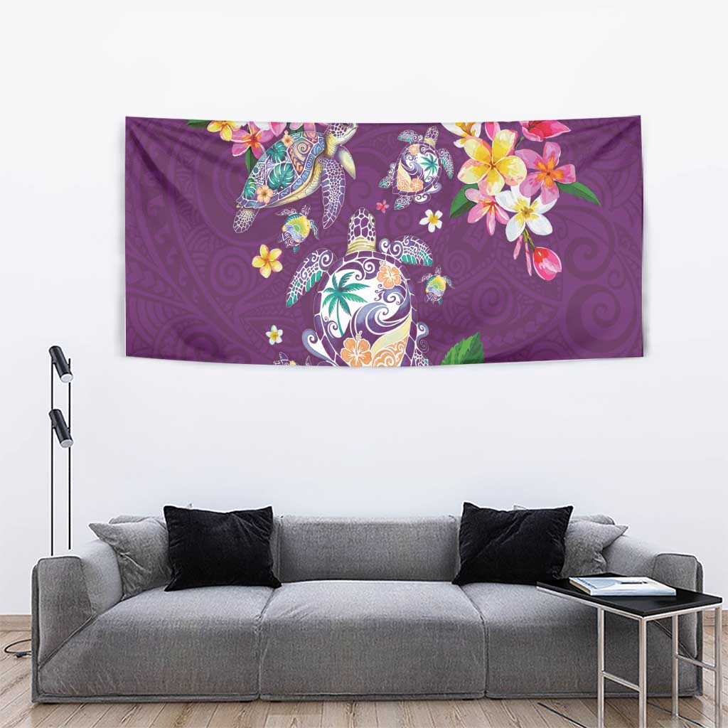 Hawaiian Turtles and Tropical Plants Tapestry Purple Watercolor