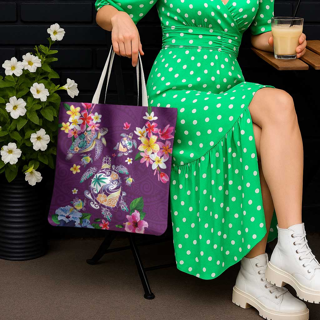 Hawaiian Turtles and Tropical Plants Tote Bag Purple Watercolor