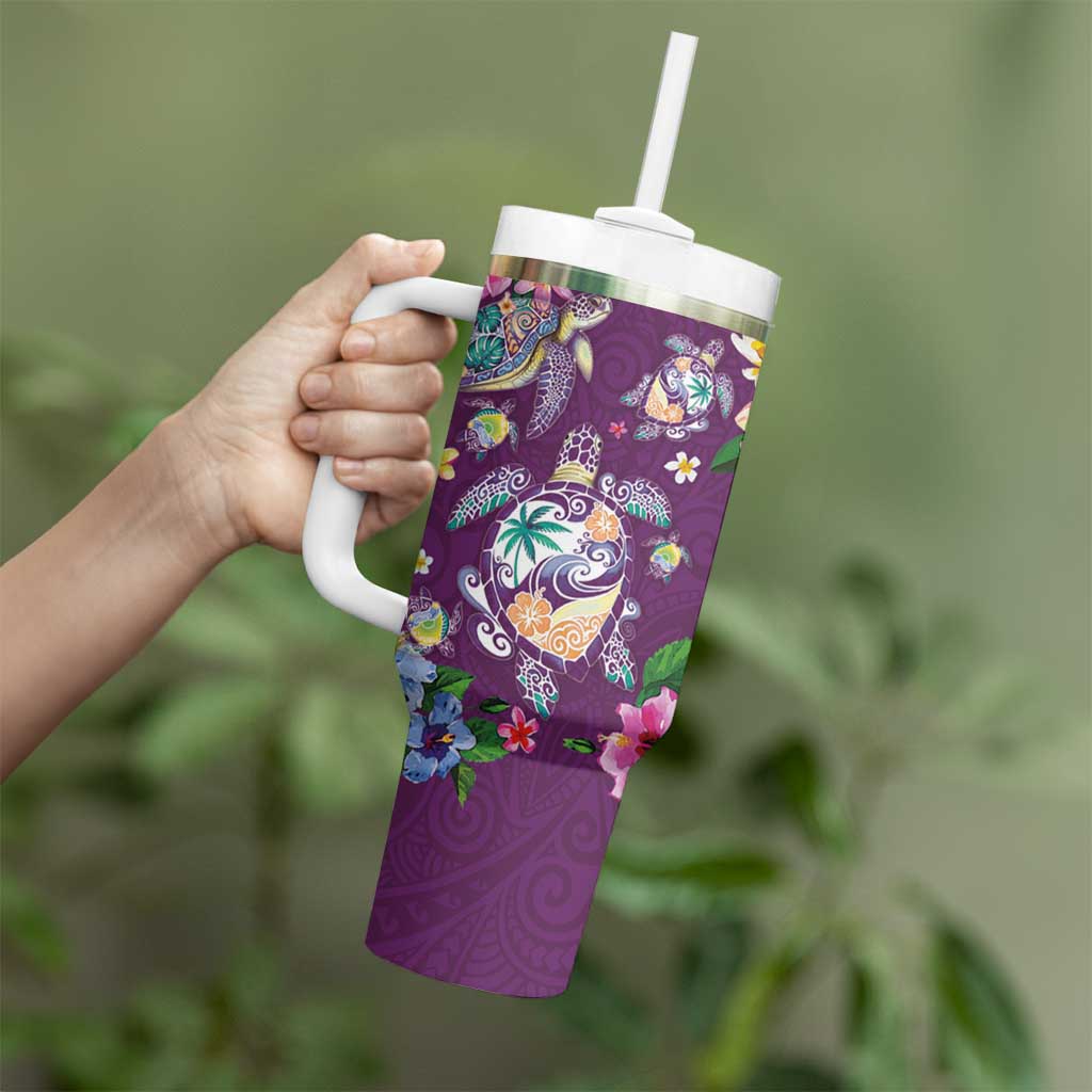 Hawaiian Turtles and Tropical Plants Tumbler With Handle Purple Watercolor LT03 - Polynesian Pride