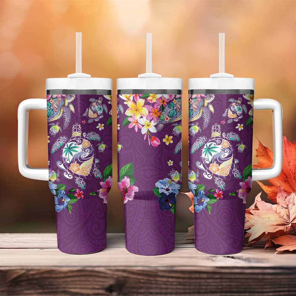 Hawaiian Turtles and Tropical Plants Tumbler With Handle Purple Watercolor LT03 - Polynesian Pride