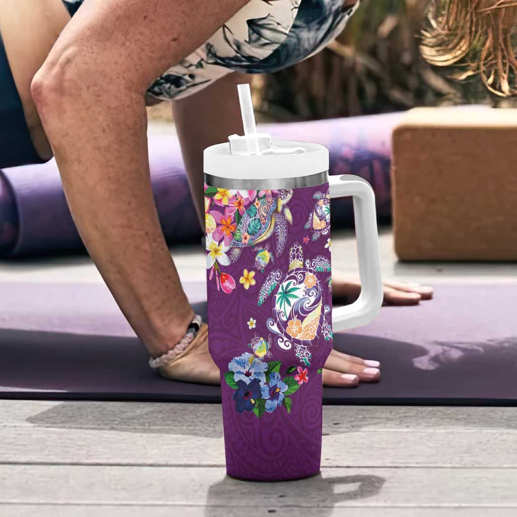 Hawaiian Turtles and Tropical Plants Tumbler With Handle Purple Watercolor LT03 - Polynesian Pride