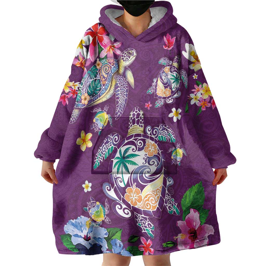 Hawaiian Turtles and Tropical Plants Wearable Blanket Hoodie Purple Watercolor LT03 - Polynesian Pride