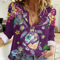Hawaiian Turtles and Tropical Plants Women Casual Shirt Purple Watercolor LT03 Female Purple - Polynesian Pride