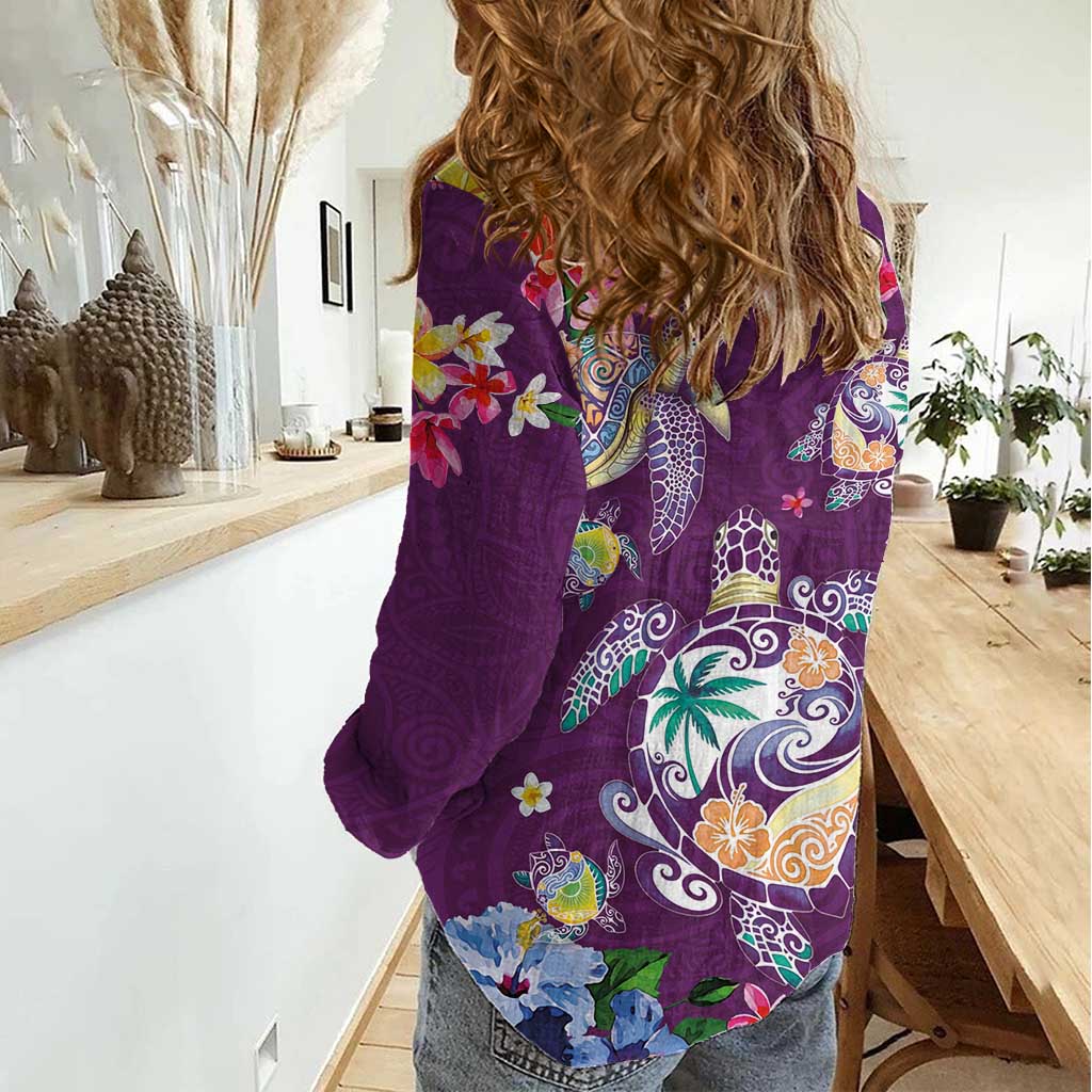 Hawaiian Turtles and Tropical Plants Women Casual Shirt Purple Watercolor LT03 - Polynesian Pride