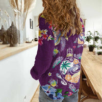 Hawaiian Turtles and Tropical Plants Women Casual Shirt Purple Watercolor LT03 - Polynesian Pride