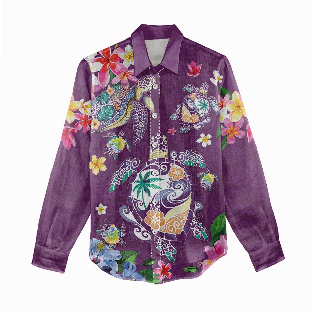 Hawaiian Turtles and Tropical Plants Women Casual Shirt Purple Watercolor LT03 - Polynesian Pride