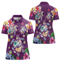 Hawaiian Turtles and Tropical Plants Women Polo Shirt Purple Watercolor LT03 - Polynesian Pride