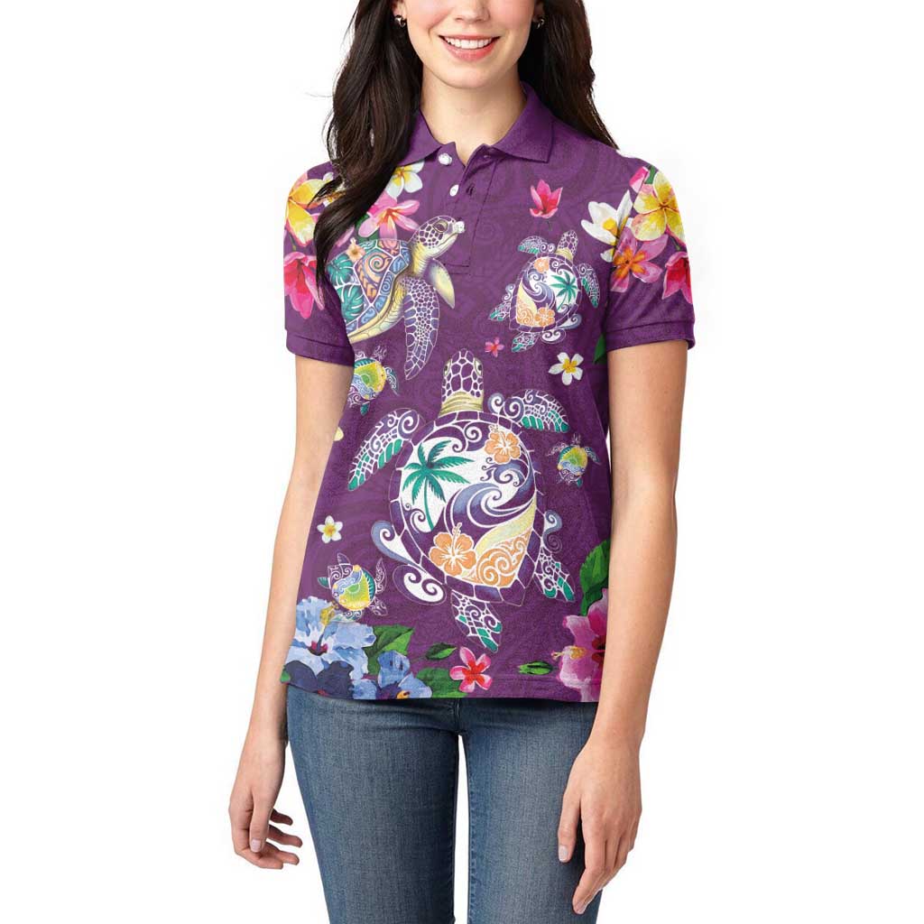 Hawaiian Turtles and Tropical Plants Women Polo Shirt Purple Watercolor LT03 - Polynesian Pride