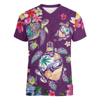 Hawaiian Turtles and Tropical Plants Women V-Neck T-Shirt Purple Watercolor LT03 Female Purple - Polynesian Pride