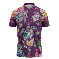 Hawaiian Turtles and Tropical Plants Zipper Polo Shirt Purple Watercolor LT03 Purple - Polynesian Pride