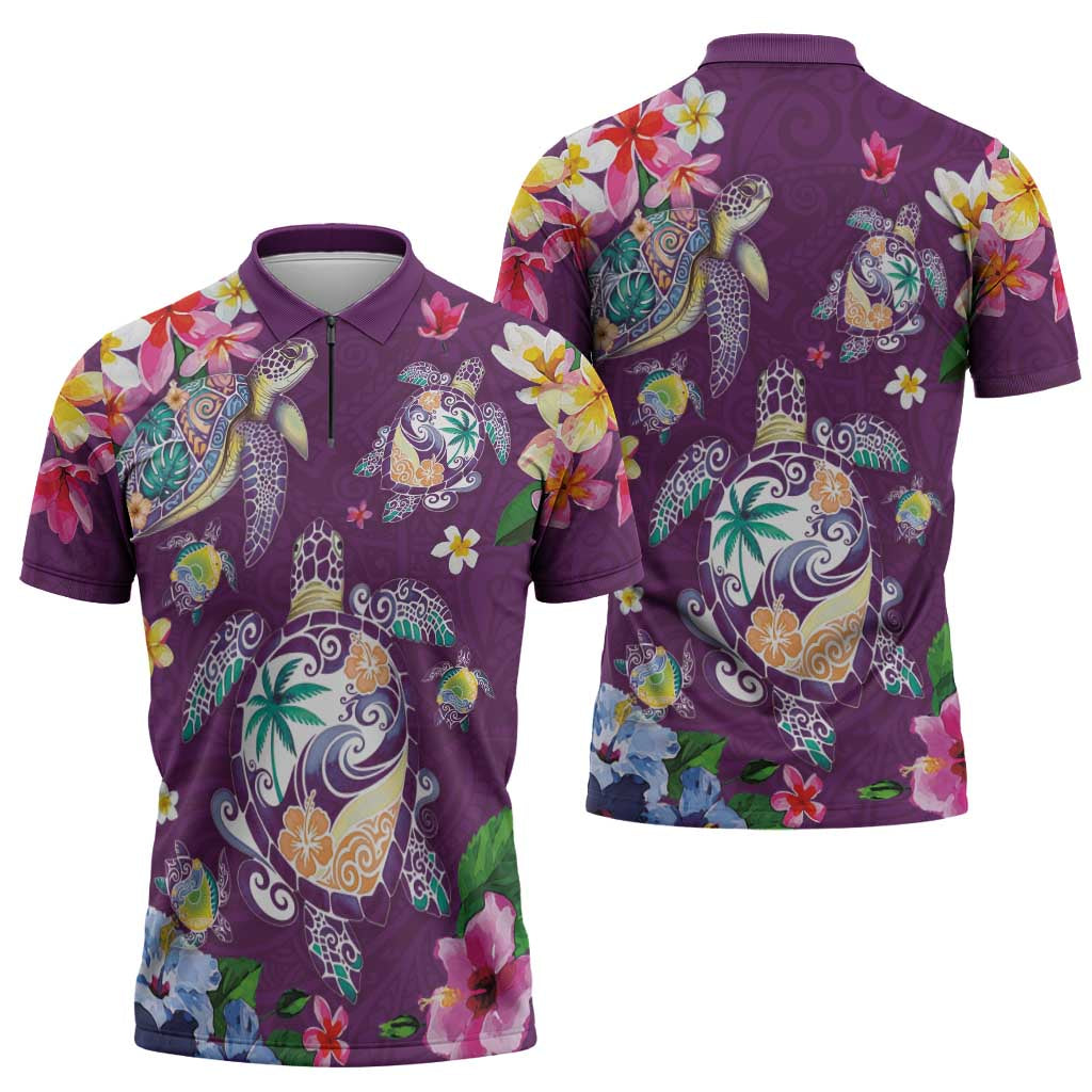 Hawaiian Turtles and Tropical Plants Zipper Polo Shirt Purple Watercolor LT03 - Polynesian Pride