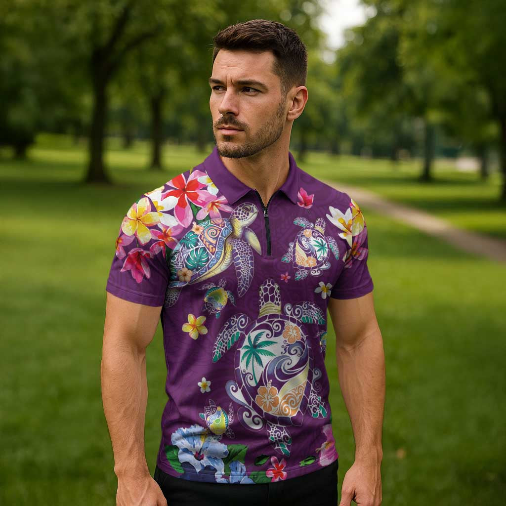 Hawaiian Turtles and Tropical Plants Zipper Polo Shirt Purple Watercolor LT03 - Polynesian Pride