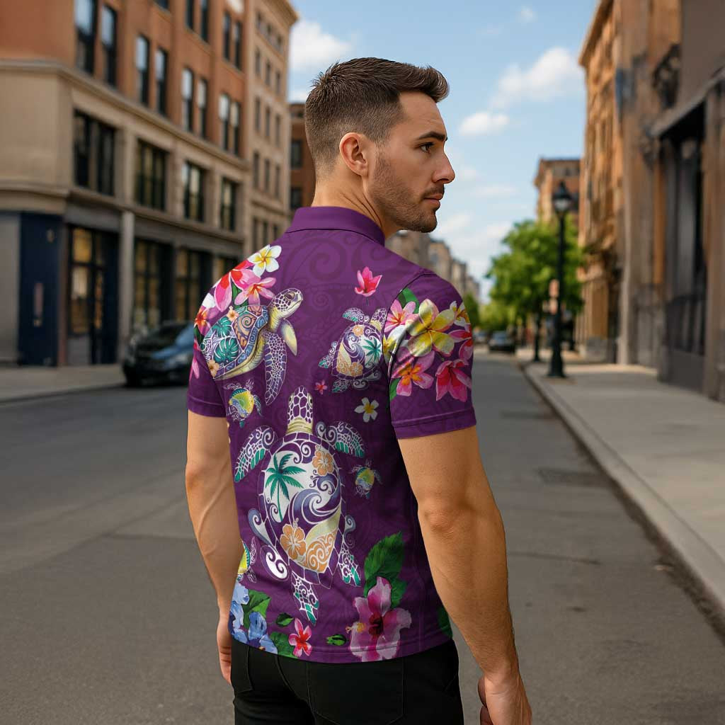 Hawaiian Turtles and Tropical Plants Zipper Polo Shirt Purple Watercolor LT03 - Polynesian Pride
