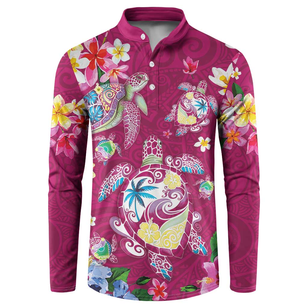 Hawaiian Turtles and Tropical Plants Button Sweatshirt Pink Watercolor