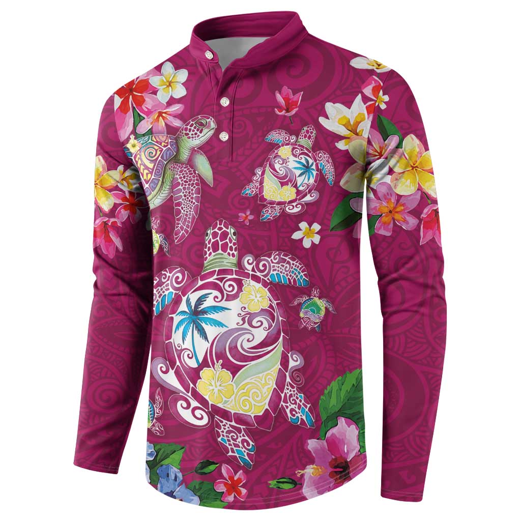 Hawaiian Turtles and Tropical Plants Button Sweatshirt Pink Watercolor