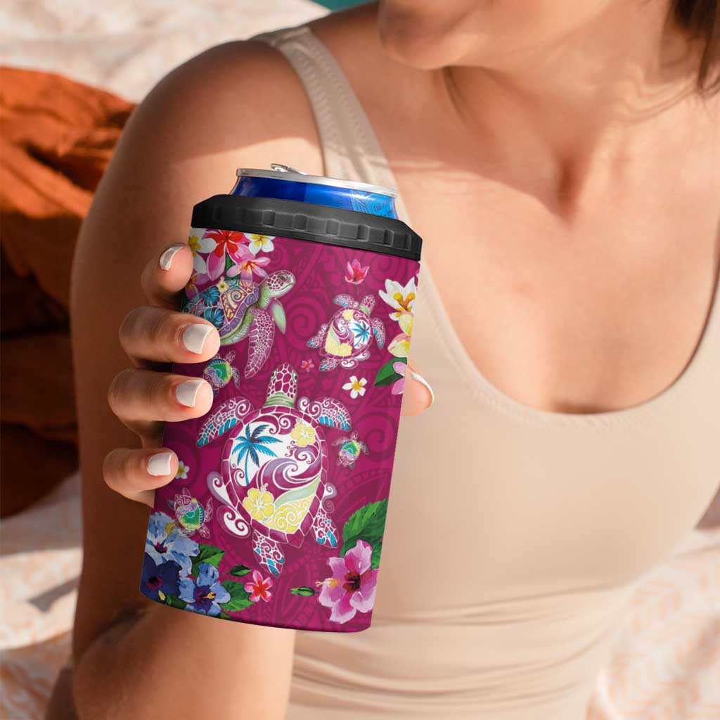 Hawaiian Turtles and Tropical Plants 4 in 1 Can Cooler Tumbler Pink Watercolor LT03 - Polynesian Pride
