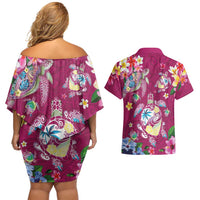 Hawaiian Turtles and Tropical Plants Couples Matching Off Shoulder Short Dress and Hawaiian Shirt Pink Watercolor LT03 - Polynesian Pride