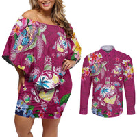 Hawaiian Turtles and Tropical Plants Couples Matching Off Shoulder Short Dress and Long Sleeve Button Shirt Pink Watercolor LT03 Pink - Polynesian Pride