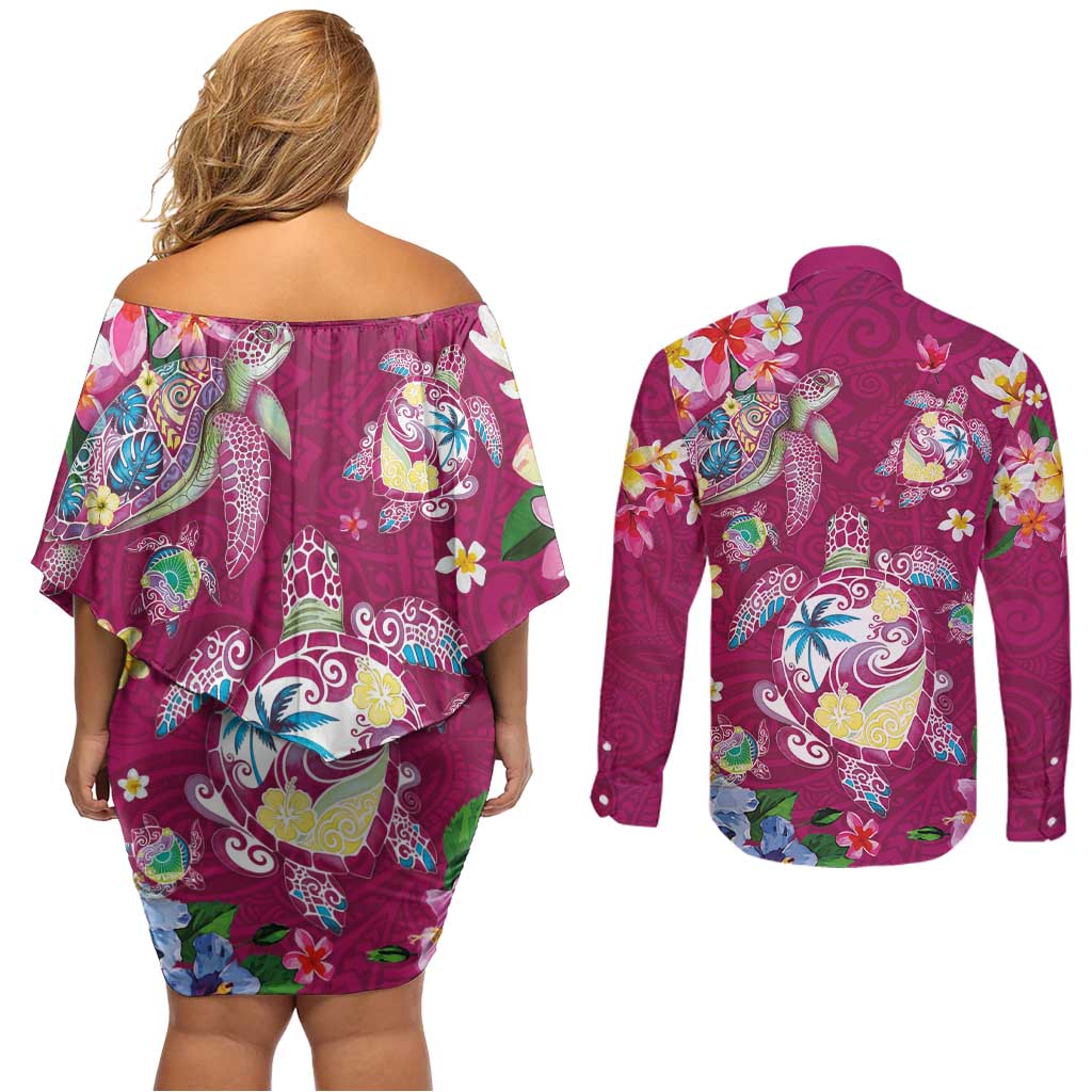 Hawaiian Turtles and Tropical Plants Couples Matching Off Shoulder Short Dress and Long Sleeve Button Shirt Pink Watercolor LT03 - Polynesian Pride