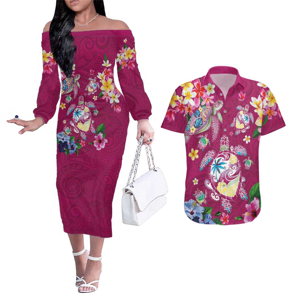 Hawaiian Turtles and Tropical Plants Couples Matching Off The Shoulder Long Sleeve Dress and Hawaiian Shirt Pink Watercolor