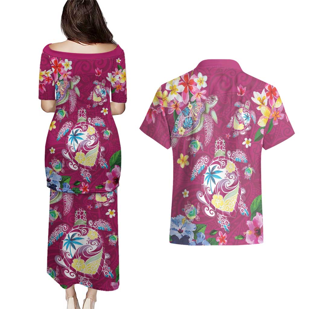Hawaiian Turtles and Tropical Plants Couples Matching Puletasi and Hawaiian Shirt Pink Watercolor LT03 - Polynesian Pride
