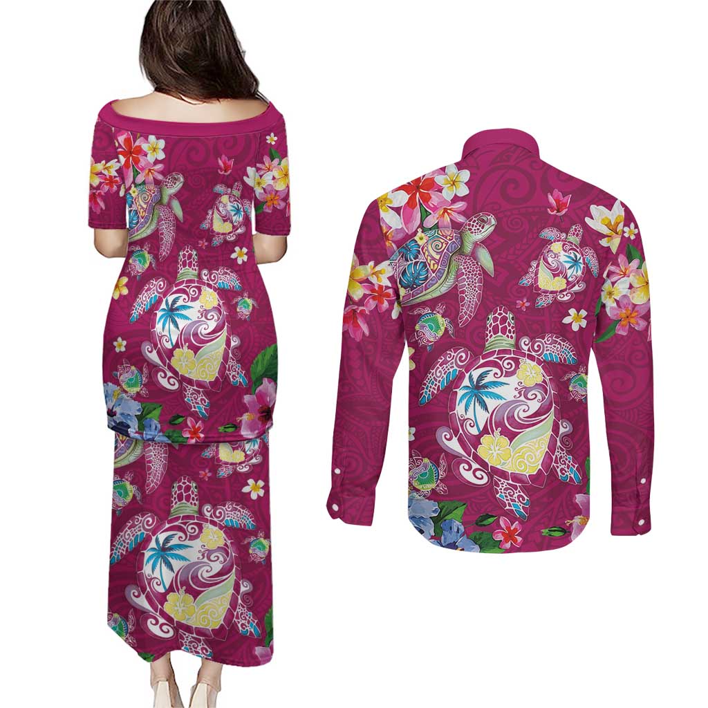 Hawaiian Turtles and Tropical Plants Couples Matching Puletasi and Long Sleeve Button Shirt Pink Watercolor LT03 - Polynesian Pride