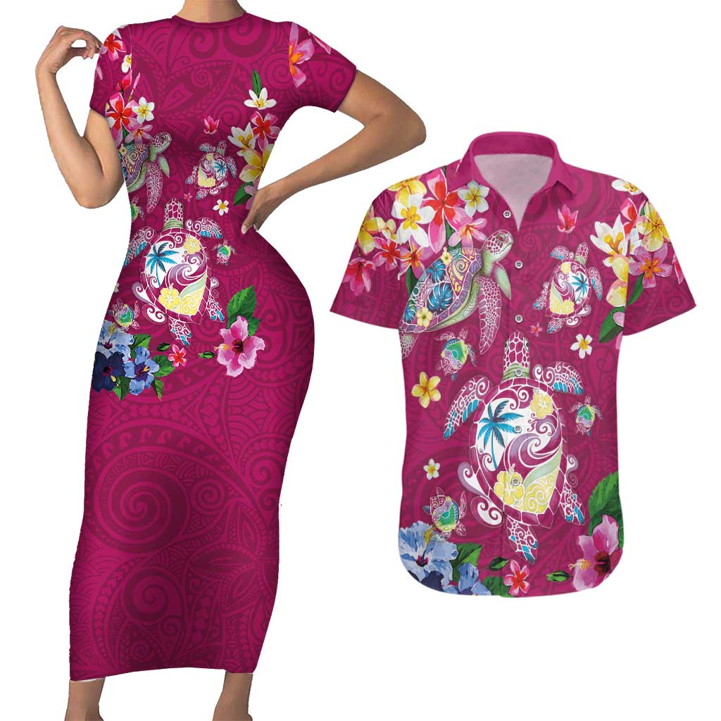 Hawaiian Turtles and Tropical Plants Couples Matching Short Sleeve Bodycon Dress and Hawaiian Shirt Pink Watercolor LT03 Pink - Polynesian Pride