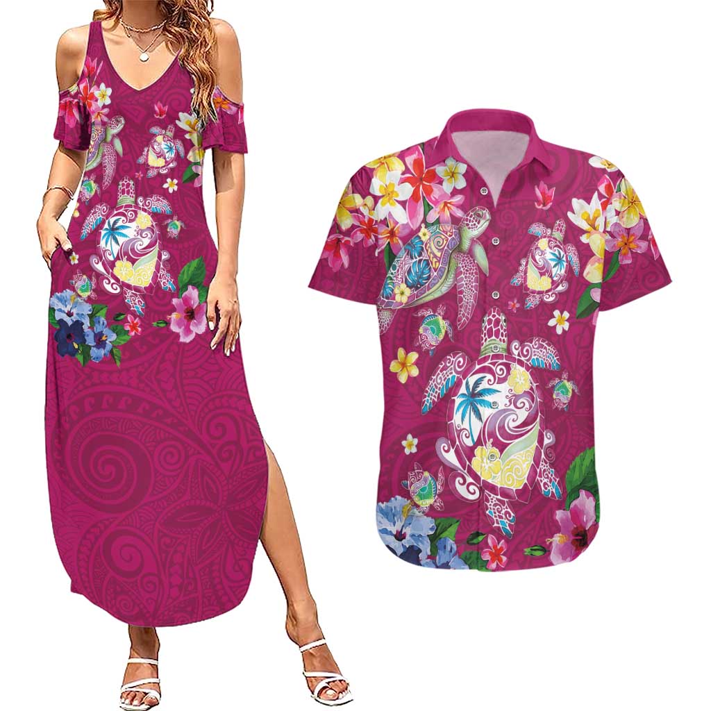 Hawaiian Turtles and Tropical Plants Couples Matching Summer Maxi Dress and Hawaiian Shirt Pink Watercolor LT03 Pink - Polynesian Pride