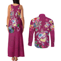 Hawaiian Turtles and Tropical Plants Couples Matching Tank Maxi Dress and Long Sleeve Button Shirt Pink Watercolor LT03 - Polynesian Pride