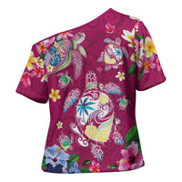 Hawaiian Turtles and Tropical Plants Cross Shoulder Shirt Pink Watercolor