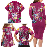 Hawaiian Turtles and Tropical Plants Family Matching Long Sleeve Bodycon Dress and Hawaiian Shirt Pink Watercolor LT03 - Polynesian Pride