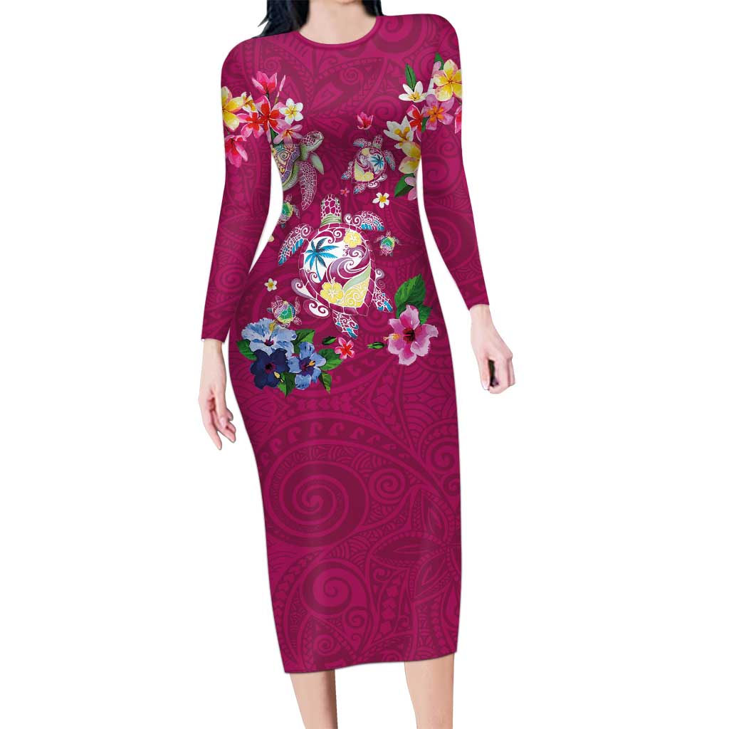 Hawaiian Turtles and Tropical Plants Family Matching Long Sleeve Bodycon Dress and Hawaiian Shirt Pink Watercolor LT03 Mom's Dress Pink - Polynesian Pride