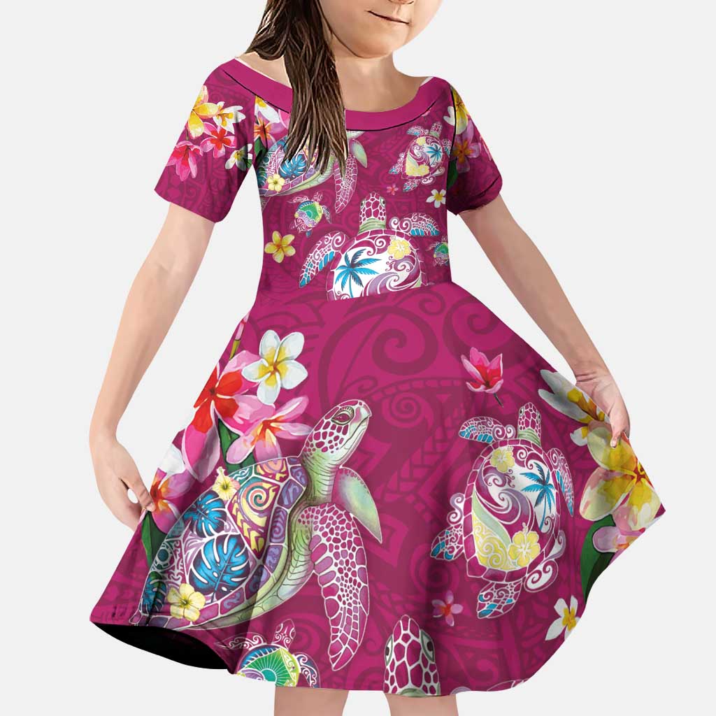 Hawaiian Turtles and Tropical Plants Family Matching Mermaid Dress and Hawaiian Shirt Pink Watercolor LT03 Daughter's Dress Pink - Polynesian Pride