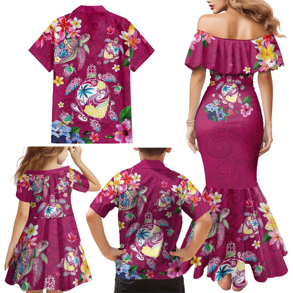 Hawaiian Turtles and Tropical Plants Family Matching Mermaid Dress and Hawaiian Shirt Pink Watercolor LT03 - Polynesian Pride