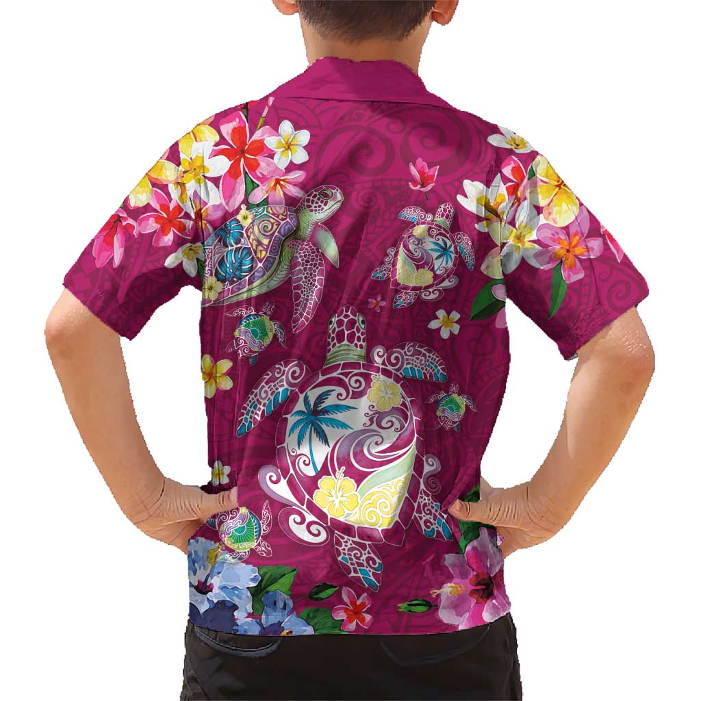 Hawaiian Turtles and Tropical Plants Family Matching Off The Shoulder Long Sleeve Dress and Hawaiian Shirt Pink Watercolor LT03 - Polynesian Pride