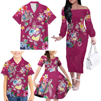 Hawaiian Turtles and Tropical Plants Family Matching Off The Shoulder Long Sleeve Dress and Hawaiian Shirt Pink Watercolor LT03 - Polynesian Pride