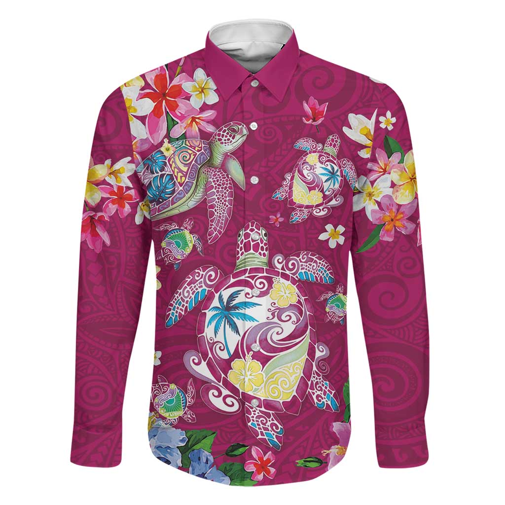 Hawaiian Turtles and Tropical Plants Family Matching Off Shoulder Maxi Dress and Hawaiian Shirt Pink Watercolor LT03 Dad's Shirt - Long Sleeve Pink - Polynesian Pride