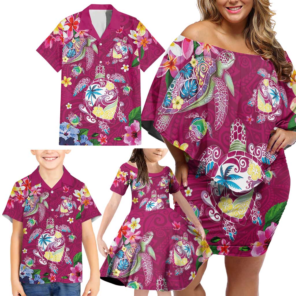 Hawaiian Turtles and Tropical Plants Family Matching Off Shoulder Short Dress and Hawaiian Shirt Pink Watercolor