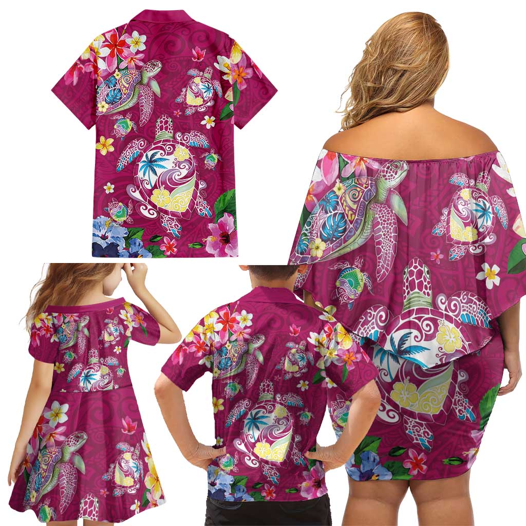 Hawaiian Turtles and Tropical Plants Family Matching Off Shoulder Short Dress and Hawaiian Shirt Pink Watercolor LT03 - Polynesian Pride