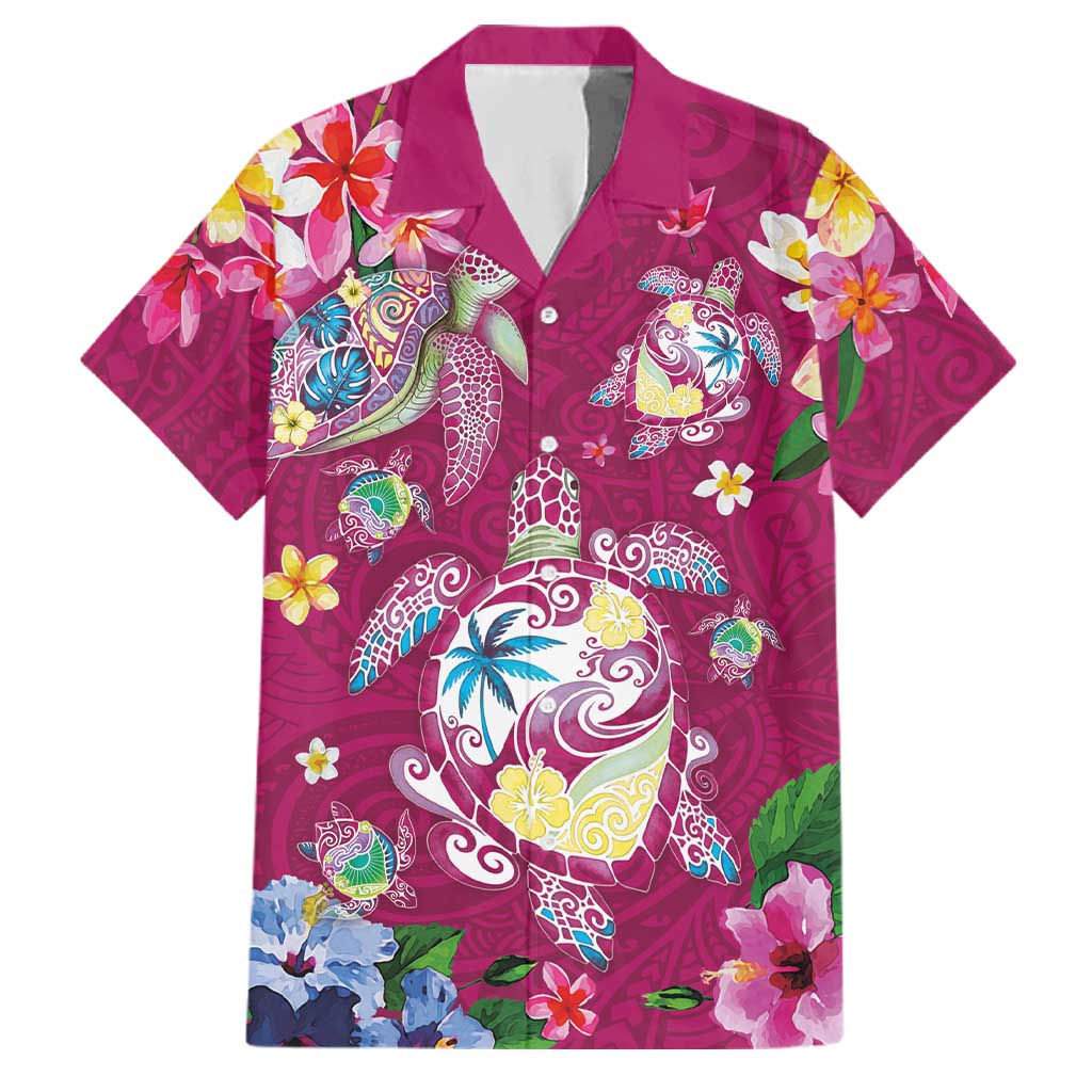 Hawaiian Turtles and Tropical Plants Family Matching Off Shoulder Short Dress and Hawaiian Shirt Pink Watercolor LT03 Dad's Shirt - Short Sleeve Pink - Polynesian Pride