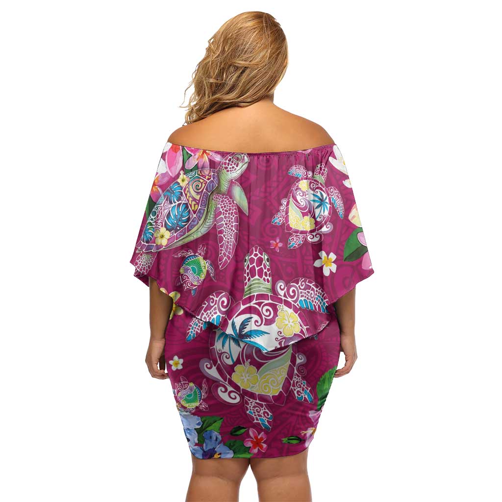 Hawaiian Turtles and Tropical Plants Family Matching Off Shoulder Short Dress and Hawaiian Shirt Pink Watercolor LT03 - Polynesian Pride