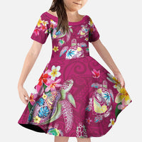Hawaiian Turtles and Tropical Plants Family Matching Puletasi and Hawaiian Shirt Pink Watercolor LT03 Daughter's Dress Pink - Polynesian Pride