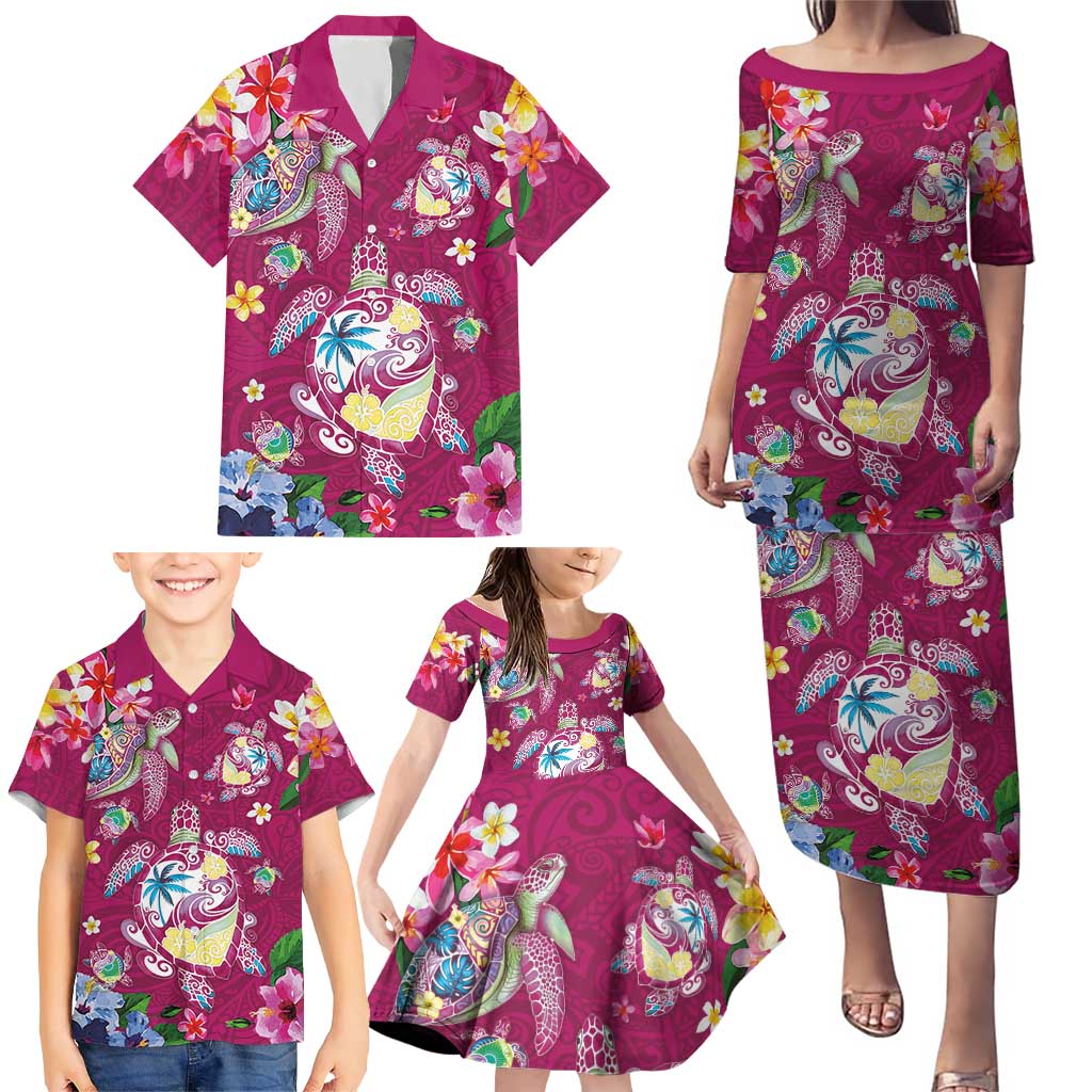 Hawaiian Turtles and Tropical Plants Family Matching Puletasi and Hawaiian Shirt Pink Watercolor LT03 - Polynesian Pride