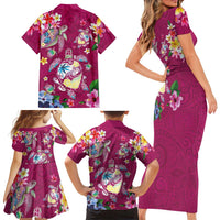 Hawaiian Turtles and Tropical Plants Family Matching Short Sleeve Bodycon Dress and Hawaiian Shirt Pink Watercolor LT03 - Polynesian Pride