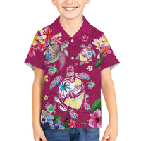 Hawaiian Turtles and Tropical Plants Family Matching Short Sleeve Bodycon Dress and Hawaiian Shirt Pink Watercolor LT03 Son's Shirt Pink - Polynesian Pride