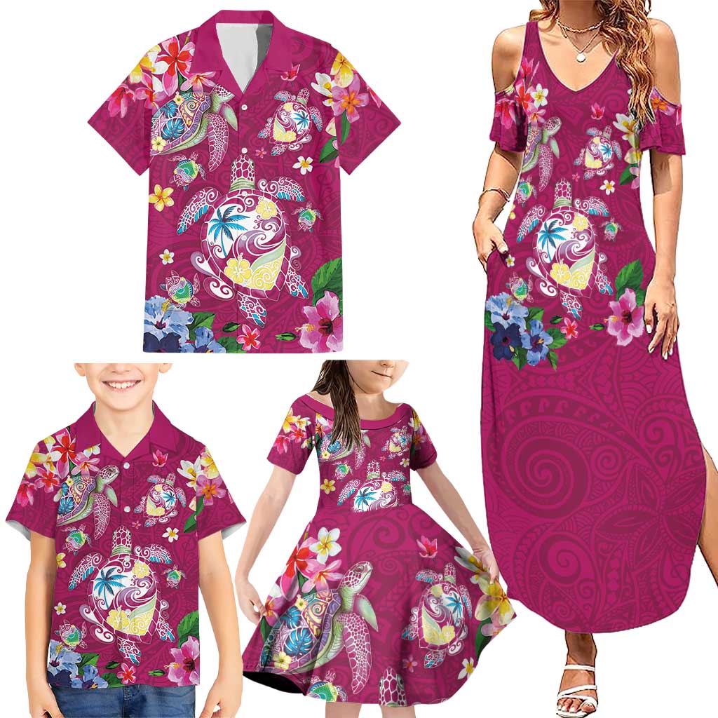 Hawaiian Turtles and Tropical Plants Family Matching Summer Maxi Dress and Hawaiian Shirt Pink Watercolor