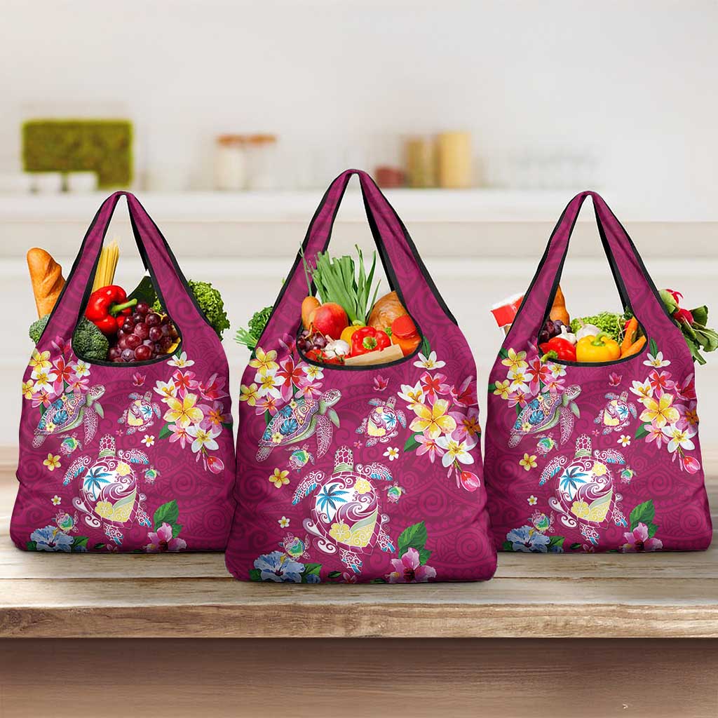Hawaiian Turtles and Tropical Plants Grocery Bag Pink Watercolor LT03 3-pack One Size Pink - Polynesian Pride