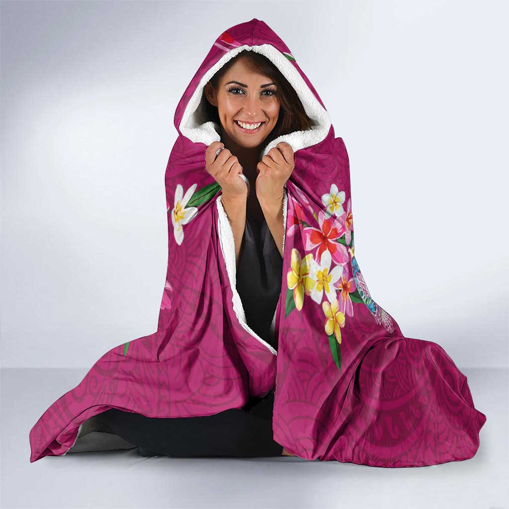 Hawaiian Turtles and Tropical Plants Hooded Blanket Pink Watercolor