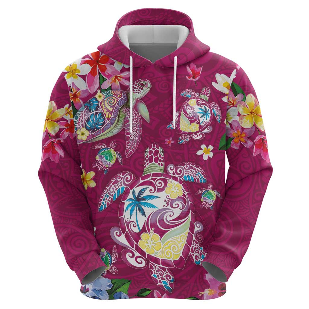 Hawaiian Turtles and Tropical Plants Hoodie Pink Watercolor