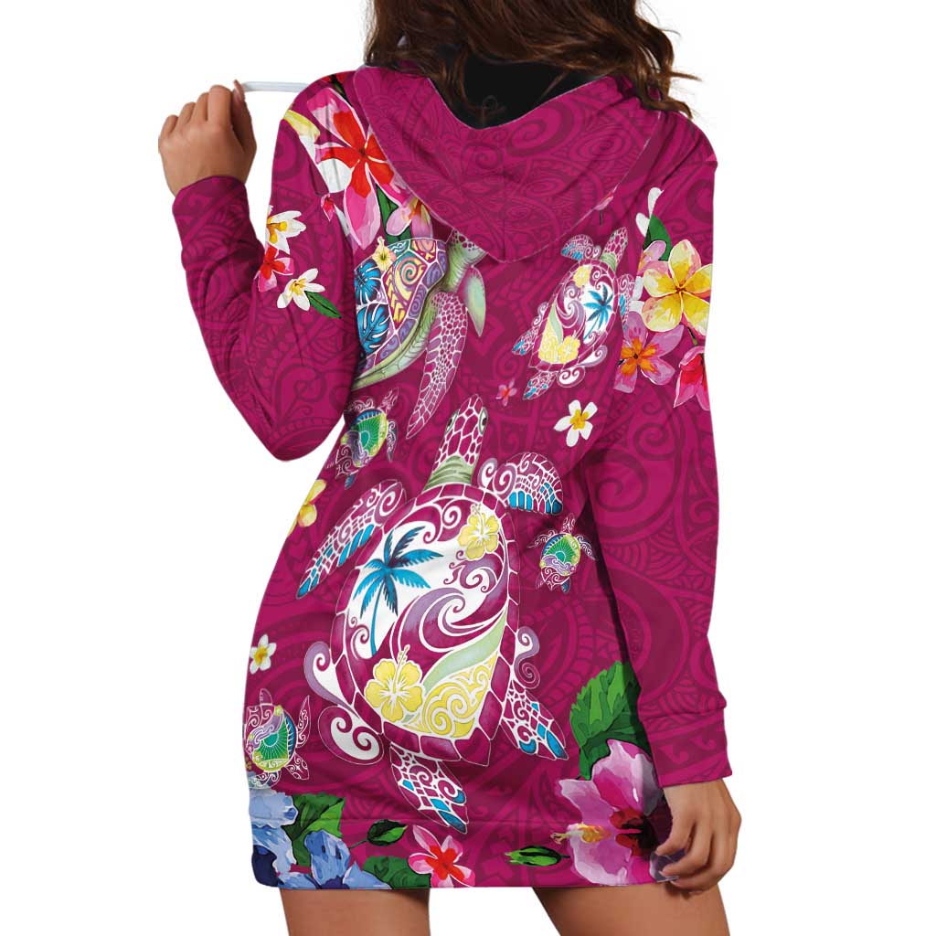 Hawaiian Turtles and Tropical Plants Hoodie Dress Pink Watercolor LT03 - Polynesian Pride